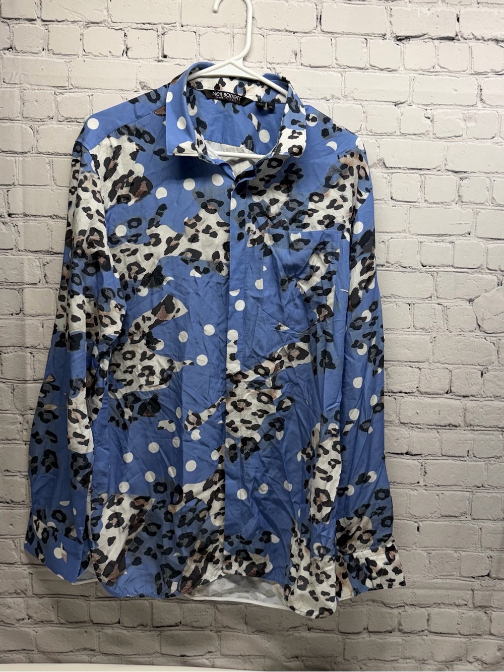 Neil Barrett Light Blue Leopard & Polka Dot Button-Down Shirt Sz XL
